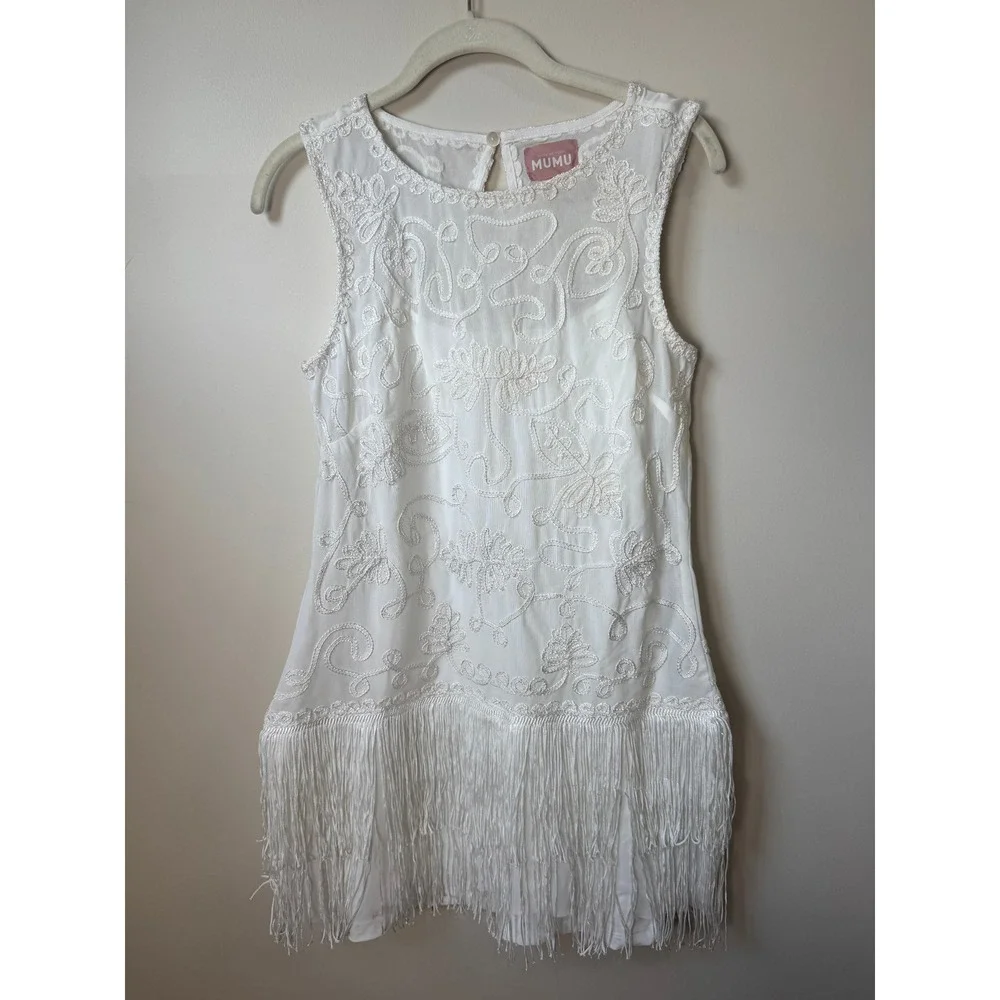 Show Me Your Mumu White Embroidered Fringe Mini Dress Sleeveless Flapper Bridal - Picture 2 of 5